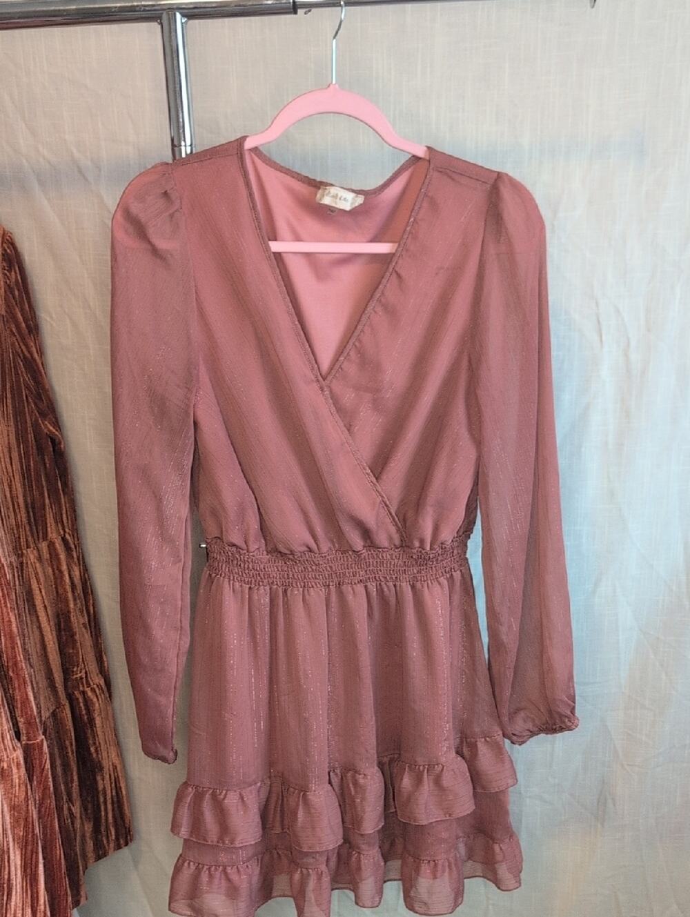 Dusty Mauve Long-Sleeve Ruffle Wrap Dress